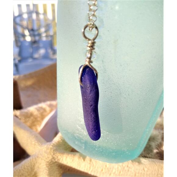 Seaglass Cobalt Blue Necklace Handmade Sterling Silver Sea Glass Beach - Picture 5 of 10
